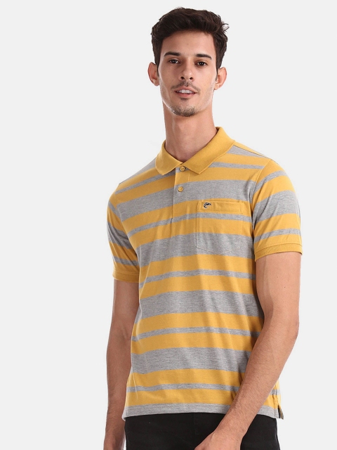

Ruggers Men Yellow & Grey Striped Polo Collar Cotton T-shirt