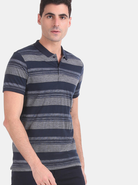 

Ruggers Men Blue & Grey Striped Polo Collar T-shirt
