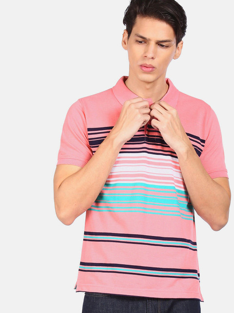 

Ruggers Men Pink Striped Polo Collar Pockets T-shirt