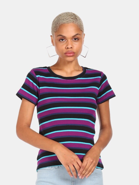 

Sugr Women Purple & Black Striped Cotton T-shirt