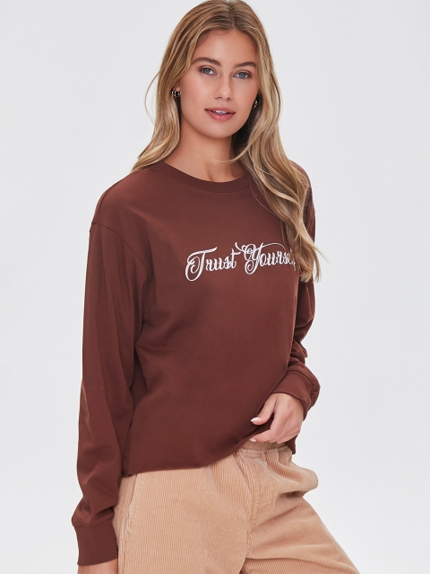 

FOREVER 21 Brown & White Typography Printed Pure Cotton Top