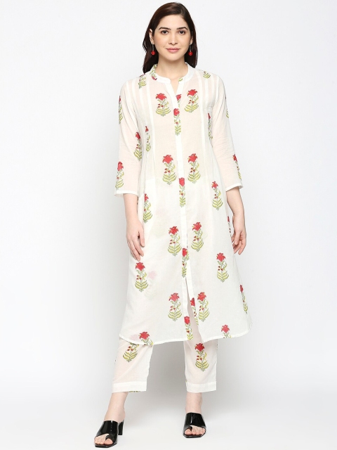 

Orbbaan Women White Floral Printed Regular Pure Cotton Kurta with Trousers