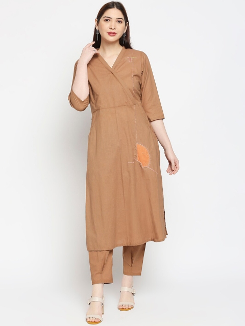 

Orbbaan Women Brown Angrakha Pure Cotton Kurta with Trousers