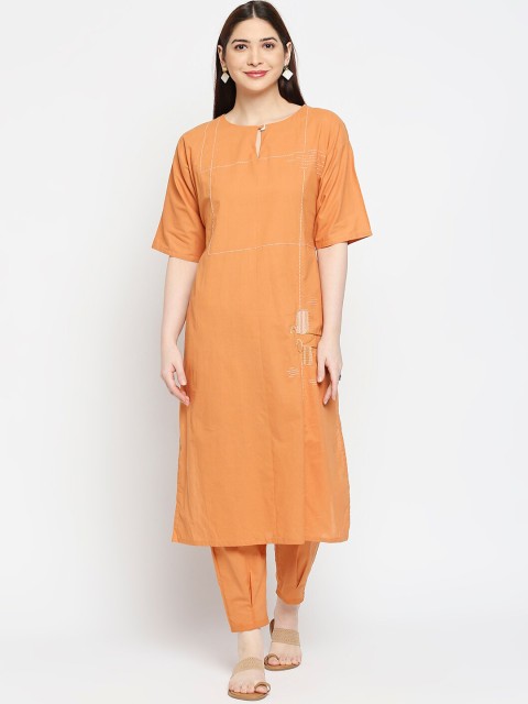 

Orbbaan Women Orange Embroidered Panelled Pure Cotton Kurti with Trousers