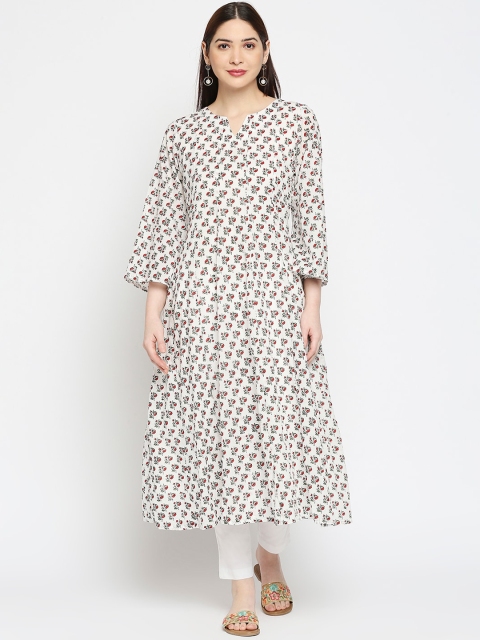 

Orbbaan Women White Geometric Printed Floral Handloom Kurta