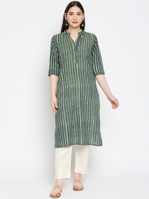 

Orbbaan Women Green Striped Panelled Pure Cotton Kurta With Trousers