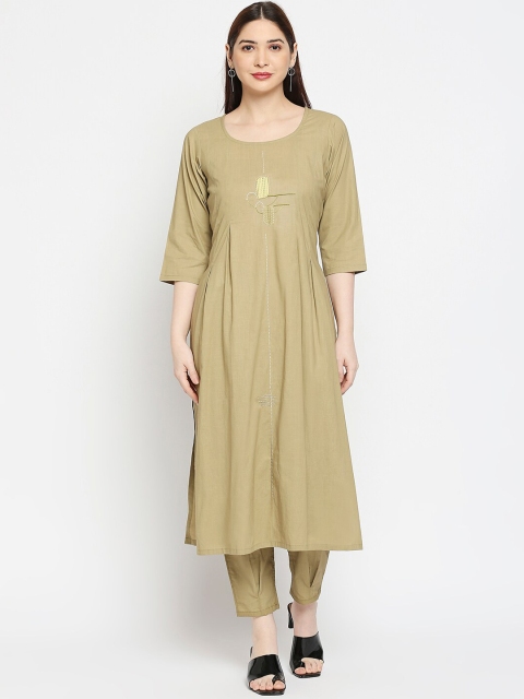

Orbbaan Women Olive Green Embroidered Pleated Pure Cotton Kurta with Trousers