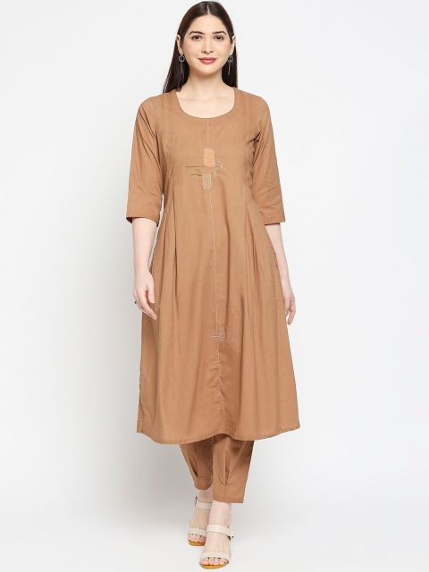 

Orbbaan Women Brown Pleated Pure Cotton Kurti with Trousers
