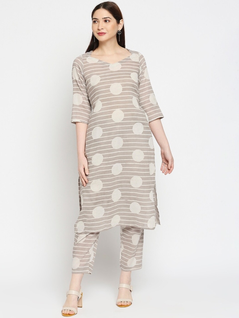 

Orbbaan Women Grey Striped Regular Pure Cotton Kurti with Trousers