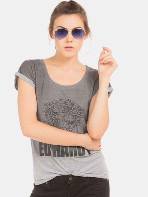 

Ed Hardy Women Grey & Black Brand Logo Printed Extended Sleeves T-shirt