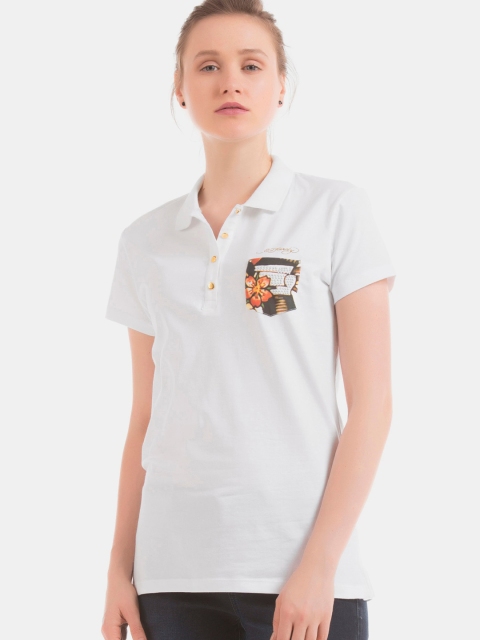 

Ed Hardy Women White Polo Collar Printed Pockets T-shirt