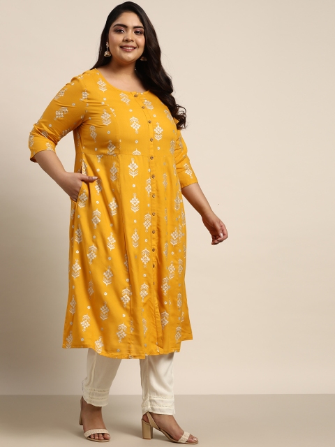 

Sztori Women Plus Size Mustard Yellow & Silver Ethnic Motifs Printed Kurta