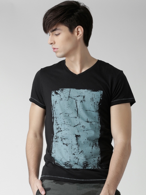 

BLEND Men Black Printed V-Neck T-shirt