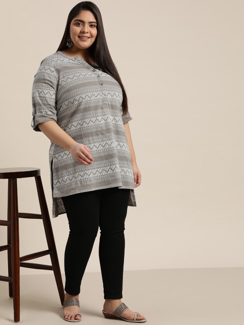 

Sztori Women Plus Size Grey & White Geometric Printed Pure Cotton Kurti with Half Placket