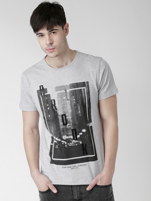 

BLEND Men Grey Melange Printed Slim Round Neck T-shirt