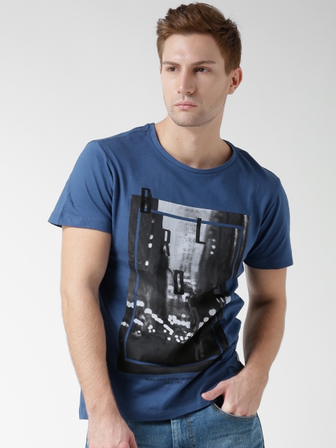 

BLEND Men Blue Printed Round Neck T-shirt