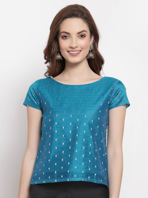 

Desi Weavess Blue & Gold-Coloured Woven Design Regular Top