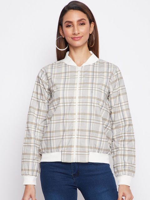 

sandy AND ritz Women Grey & White Checked Lightweight Cotton Bomber Jacket