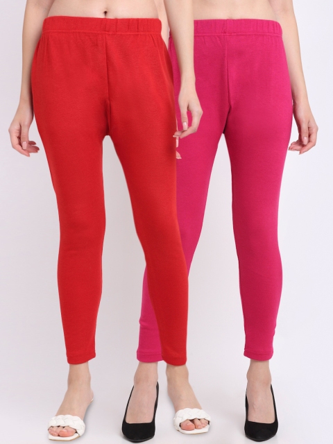 

TAG 7 Women Pack Of 2 Solid Woollen Ankle Length Leggings, Red