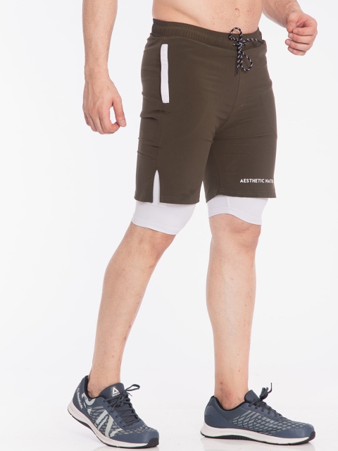 

AESTHETIC NATION Men Olive Green Slim Fit Sports Shorts