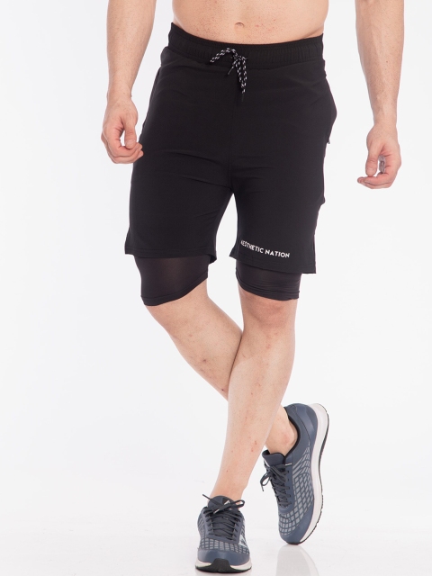 

AESTHETIC NATION Men Black & White Brand Logo Slim Fit Training or Gym Sports Shorts