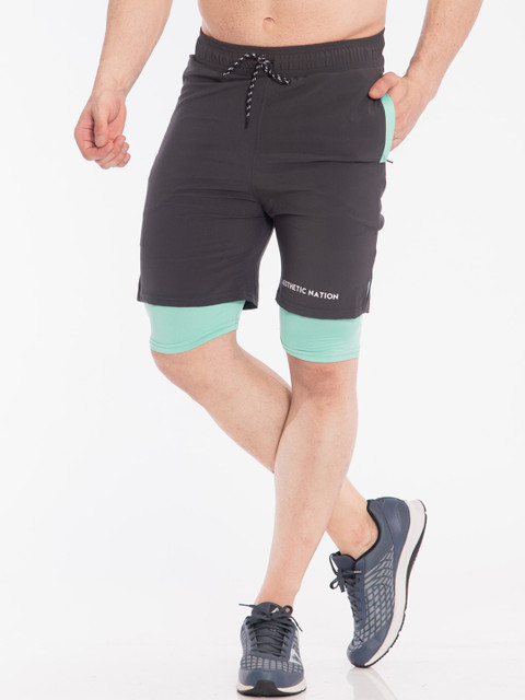 

AESTHETIC NATION Men Grey Slim Fit Sports Shorts