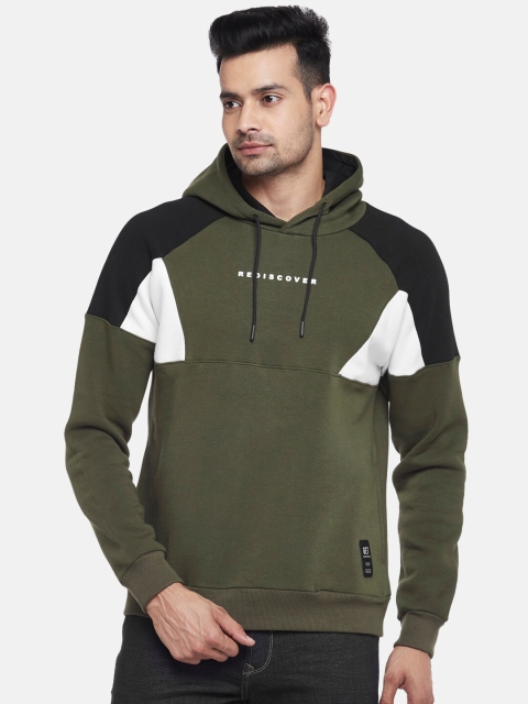 

People Men Olive Green & White Colourblocked Hooded Sweatshirt