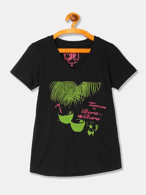 

Flying Machine Women Black & Green Graphic Printed V-Neck Pure Cotton T-shirt