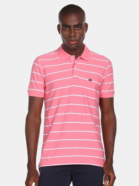 

Arrow Sport Men Pink & White Striped Polo Collar Pocket Detail Cotton T-shirt
