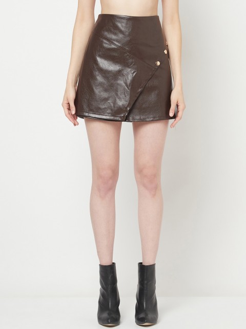 

iki chic Women Brown Faux Leather Solid Mini Skirt