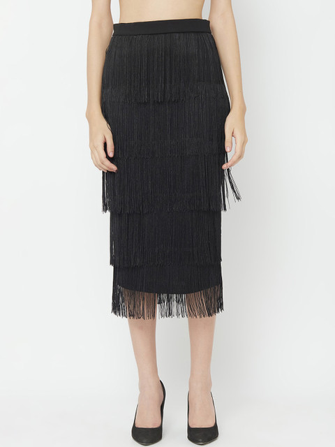 

iki chic Women Black Tassel & Fringe Embellished Pencil Midi Skirt