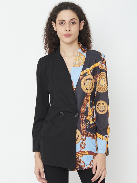 

iki chic Women Black & Blue Printed Dual Contrast Pea Coats