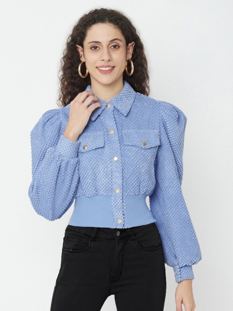 

iki chic Blue Striped Puff Sleeve Button Down Shirt Style Top