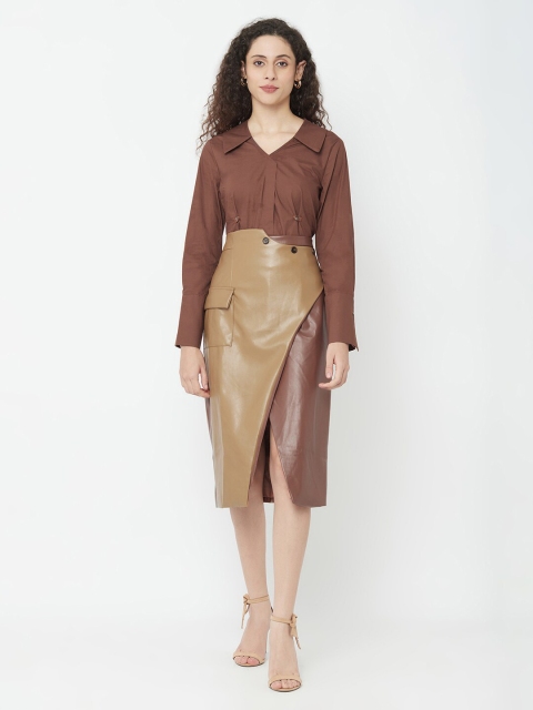 

iki chic Women Brown & Beige Shirt with Skirt