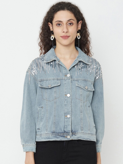 

iki chic Women Blue Washed Embellished Denim Jacket