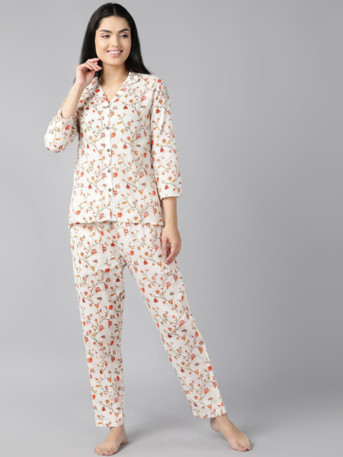 

AHIKA Women Off White & Yellow Printed Pure Cotton Night suit