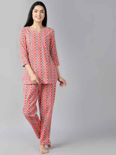 

AHIKA Women Red & Grey Printed Pure Cotton Night suit