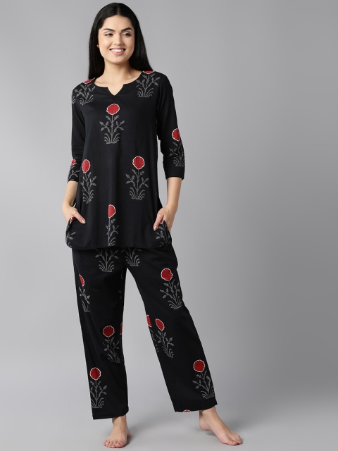 

AHIKA Women Black & Red Printed Pure Cotton Night suit
