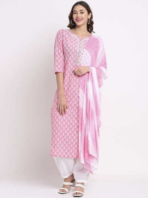 

Rajnandini Women Pink & White Printed Pure Cotton Kurta with Salwar & Dupatta