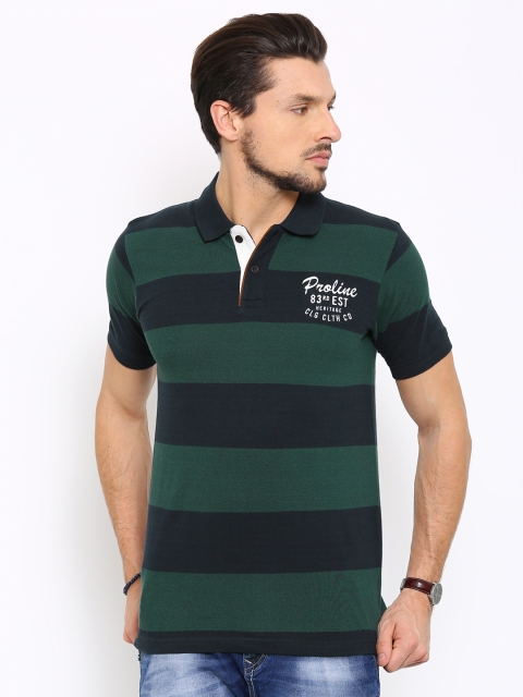 

Proline Men Green & Navy Striped Polo Collar T-shirt