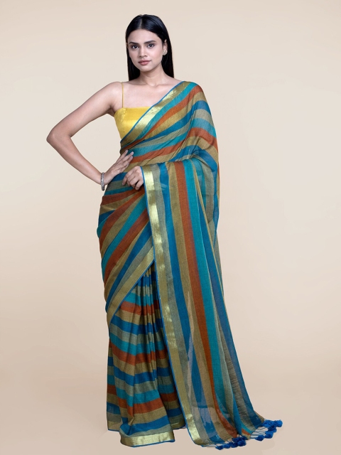 

Suta Women Multicolored Mul Cotton Zari With Blue Tassels saree, Multi