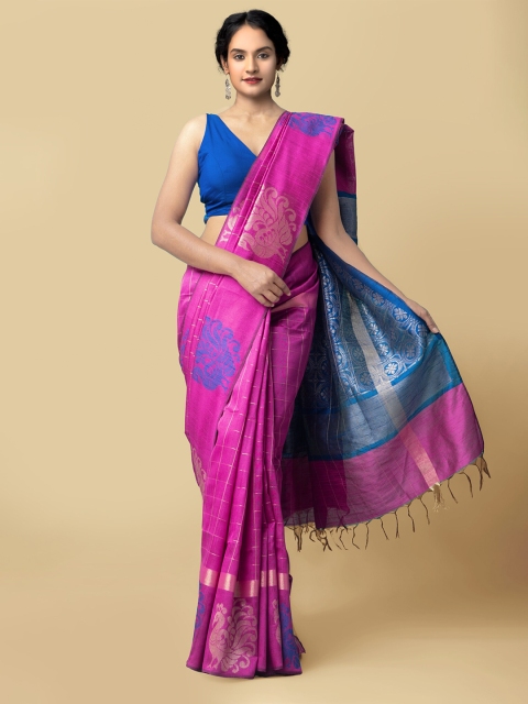 

Unnati Silks Women Pink & Blue Mysore Linen Saree