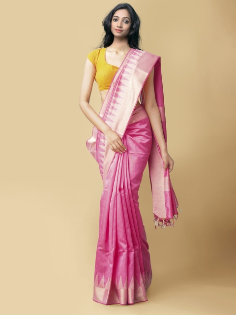 

Unnati Silks Red & Silver-Toned Zari Linen Blend Mysore Silk Saree