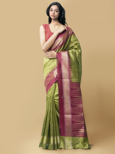 

Unnati Silks Green & Maroon Woven Design Zari Linen Blend Mysore Silk Saree