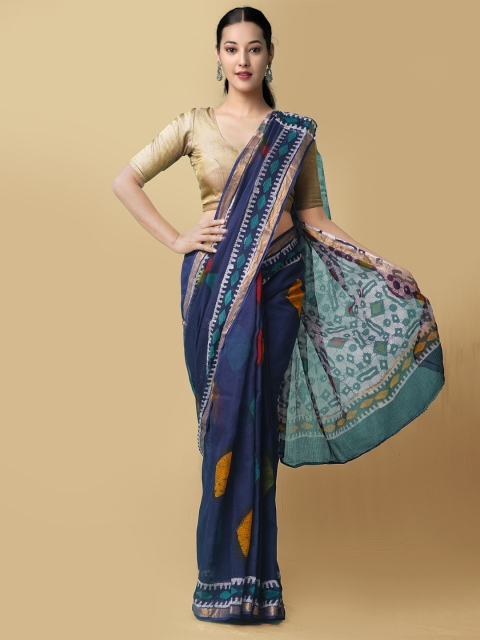 

Unnati Silks Navy Blue & Orange Batik Zari Pure Cotton Kota Saree