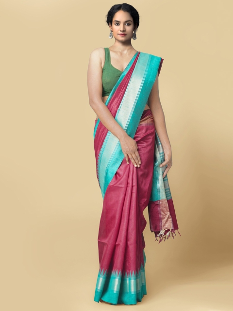 

Unnati Silks Red & Turquoise Blue Zari Linen Blend Mysore Silk Saree