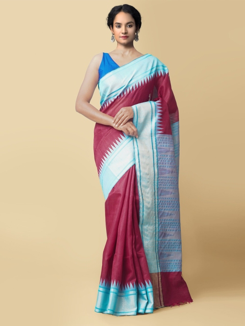 

Unnati Silks Red & Blue Woven Design Zari Linen Blend Mysore Silk Saree