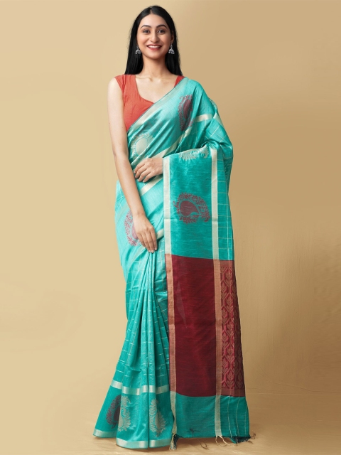 

Unnati Silks Green & Maroon Paisley Zari Linen Blend Mysore Silk Saree