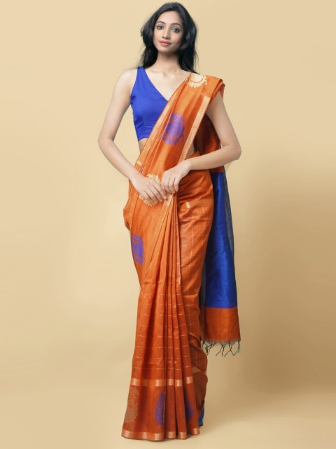 

Unnati Silks Women Orange & Blue Mysore Linen Saree