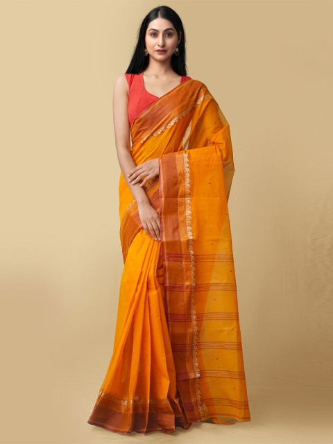 

Unnati Silks Women Orange Woven Design Bengal Taant Pure Cotton Saree